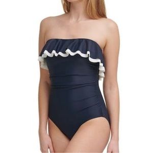 🆕 Tommy Hilfiger navy & white ruffle bandeu one-piece swimsuit